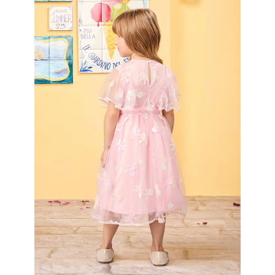 Vestido de Festa Infantil Tule Laços Paetês Bordados Animê