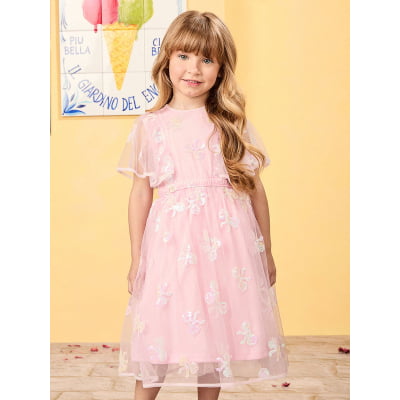 Vestido de Festa Infantil Tule Laços Paetês Bordados Animê