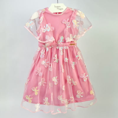 Vestido de Festa Infantil Tule Laços Paetês Bordados Animê