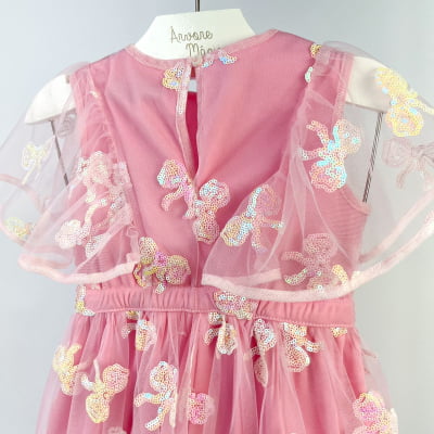 Vestido de Festa Infantil Tule Laços Paetês Bordados Animê