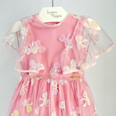 Vestido de Festa Infantil Tule Laços Paetês Bordados Animê