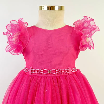 Vestido de Festa Infantil Tule Pink Glitter Árvore Mágica