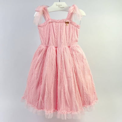 Vestido de Festa Infantil Tule Rosa Laços Animê