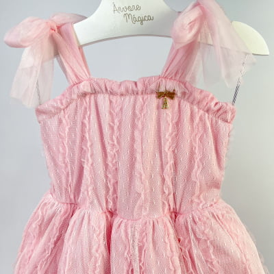 Vestido de Festa Infantil Tule Rosa Laços Animê