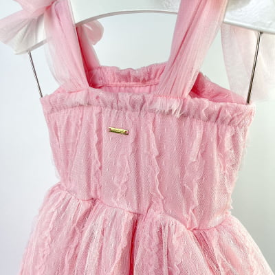 Vestido de Festa Infantil Tule Rosa Laços Animê