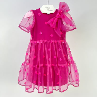 Vestido Infantil Momi Tule Corações Paetês Rosa Neon