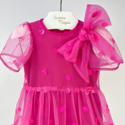 Vestido Infantil Momi Tule Corações Paetês Rosa Neon