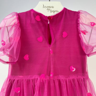 Vestido Infantil Momi Tule Corações Paetês Rosa Neon