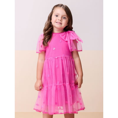 Vestido Infantil Momi Tule Corações Paetês Rosa Neon