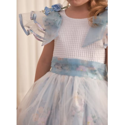 Vestido de Festa Infantil Luxo Azul Floral Romântico