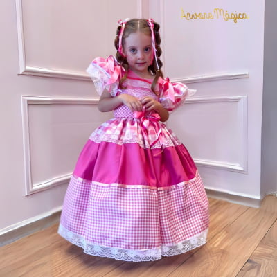 Vestido Caipira Infantil Luxo Rosa Xadrez