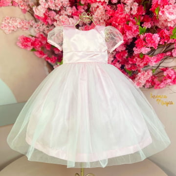 Vestido de Festa Infantil Rosa Tule Luxo 