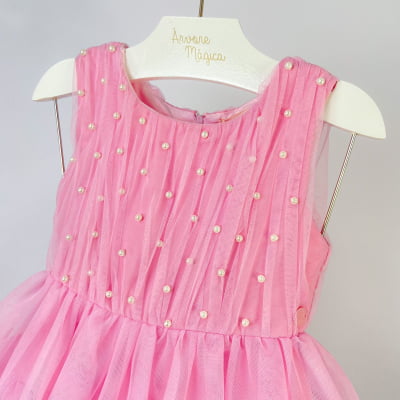 Vestido de Festa Infantil Málagah Rosa Tule Babados & Pérolas