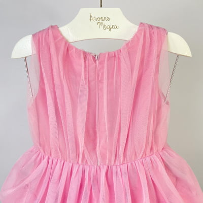 Vestido de Festa Infantil Málagah Rosa Tule Babados & Pérolas