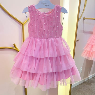 Vestido de Festa Infantil Málagah Rosa Tule Babados & Pérolas