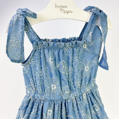 Vestido Infantil Momi Chambray Flores Bordadas