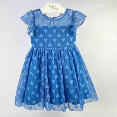 Vestido Infantil Málagah Azul Tule Corações