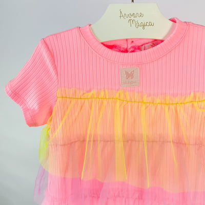 Vestido Infantil Málagah Rosa Neon e Tule Babados