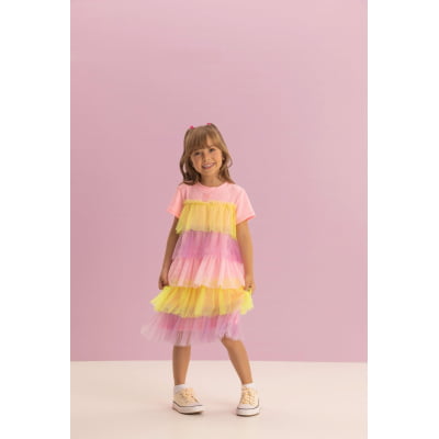 Vestido Infantil Málagah Rosa Neon e Tule Babados