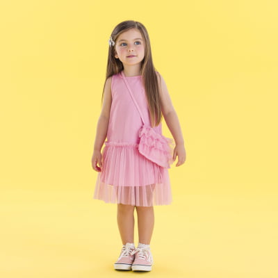 Vestido Infantil Málagah Rosa Tule Glitter Com Bolsinha