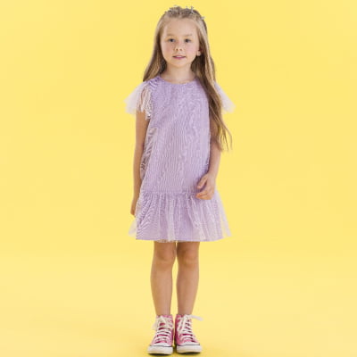 Vestido Infantil Málagah Trapézio Lilás Tule Brilhos