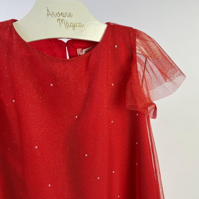 Vestido Infantil Málagah Trapézio Vermelho Tule Brilhos