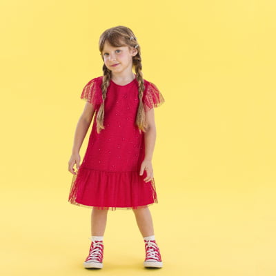 Vestido Infantil Málagah Trapézio Vermelho Tule Brilhos