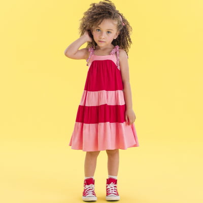 Vestido Infantil Málagah Três Marias Vermelho & Rosa