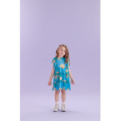 Vestido Infantil Málagah Tule Azul Quebra-Cabeça 