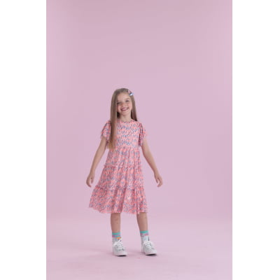 Vestido Infantil Málagah Tule Flores Corais 