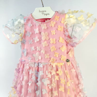 Vestido Infantil Momi Rosa Flores 3D Candy