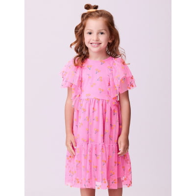 Vestido Infantil Momi Tule Rosa Cerejinhas