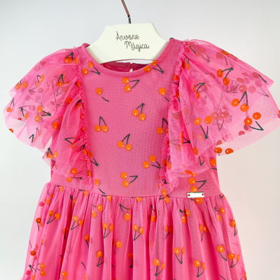 Vestido Infantil Momi Tule Rosa Cerejinhas