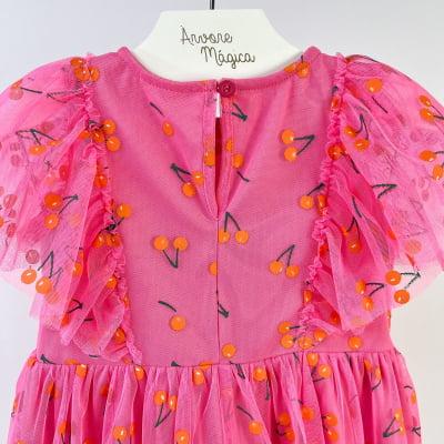 Vestido Infantil Momi Tule Rosa Cerejinhas