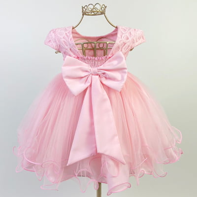 Vestido de Festa Bebê Rosa Rendado Strass e Tule Árvore Mágica