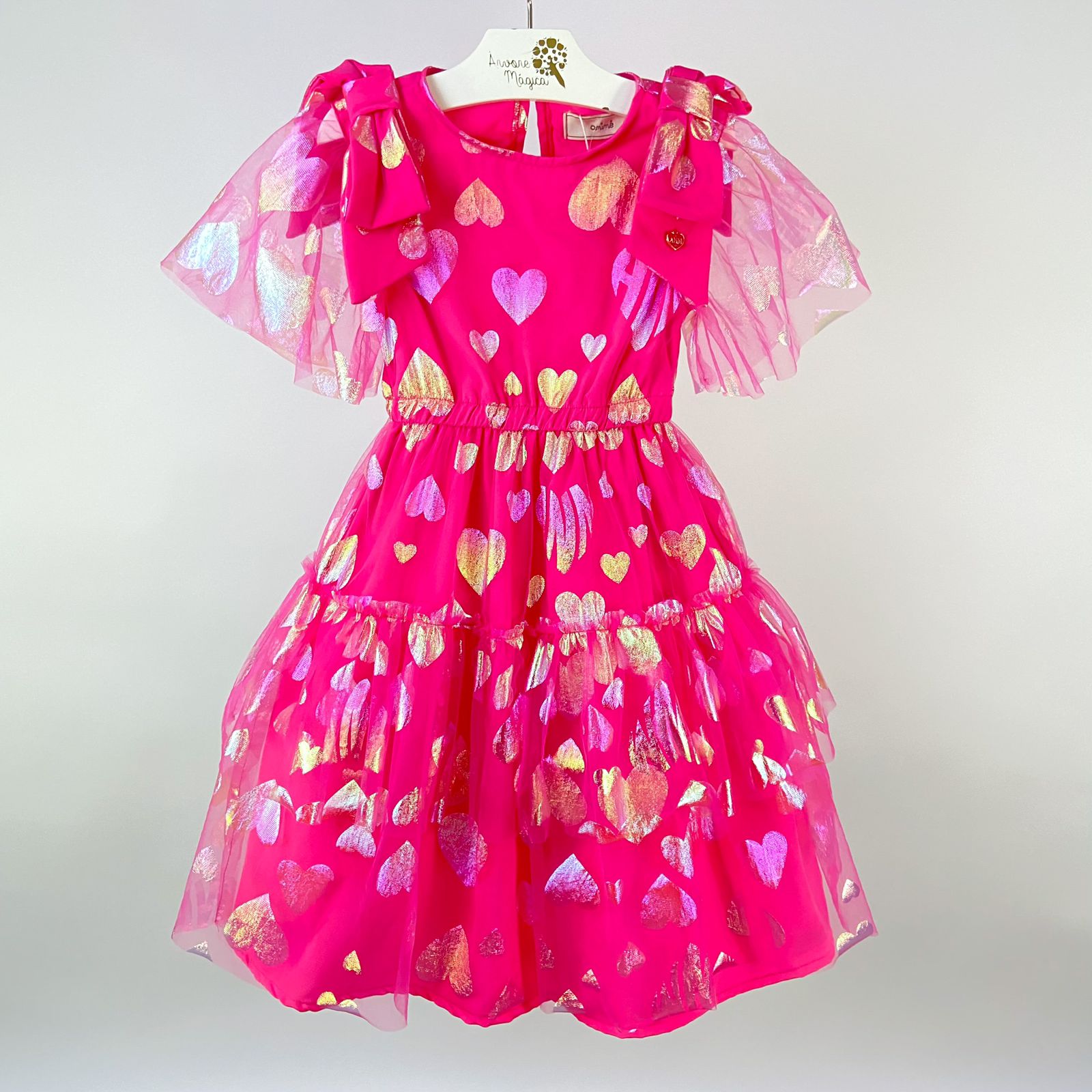 Vestido de Festa Infantil Animê Tule Rosa Corações 