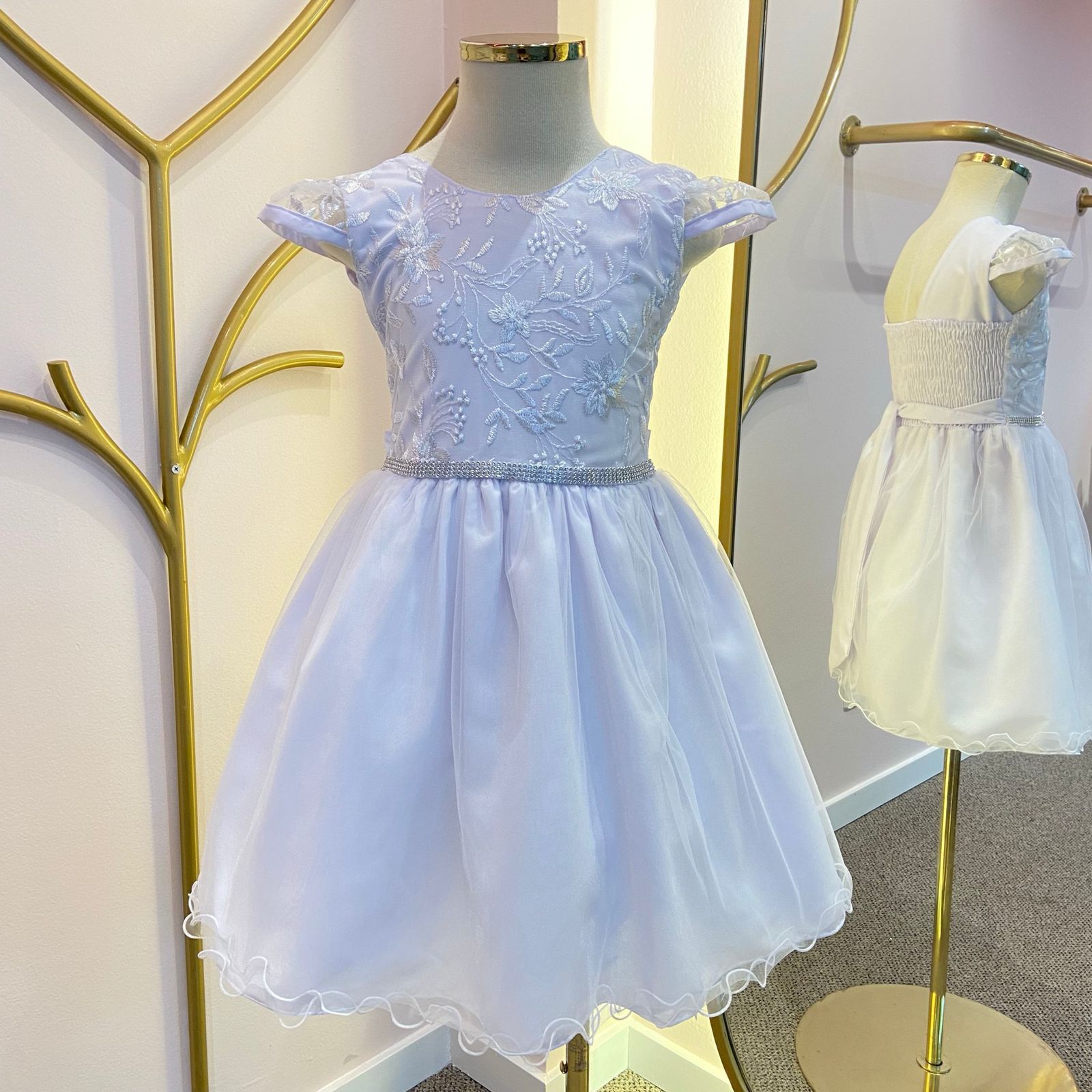 Vestido de Festa Infantil Branco Tule Bordado Árvore Mágica