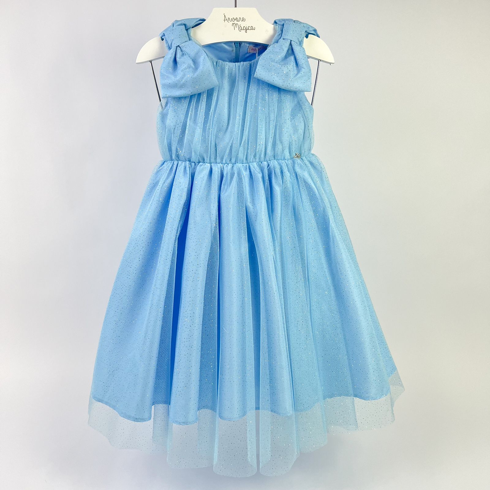 Vestido de Festa Infantil Málagah Glamour Azul Laços Tule Glitter