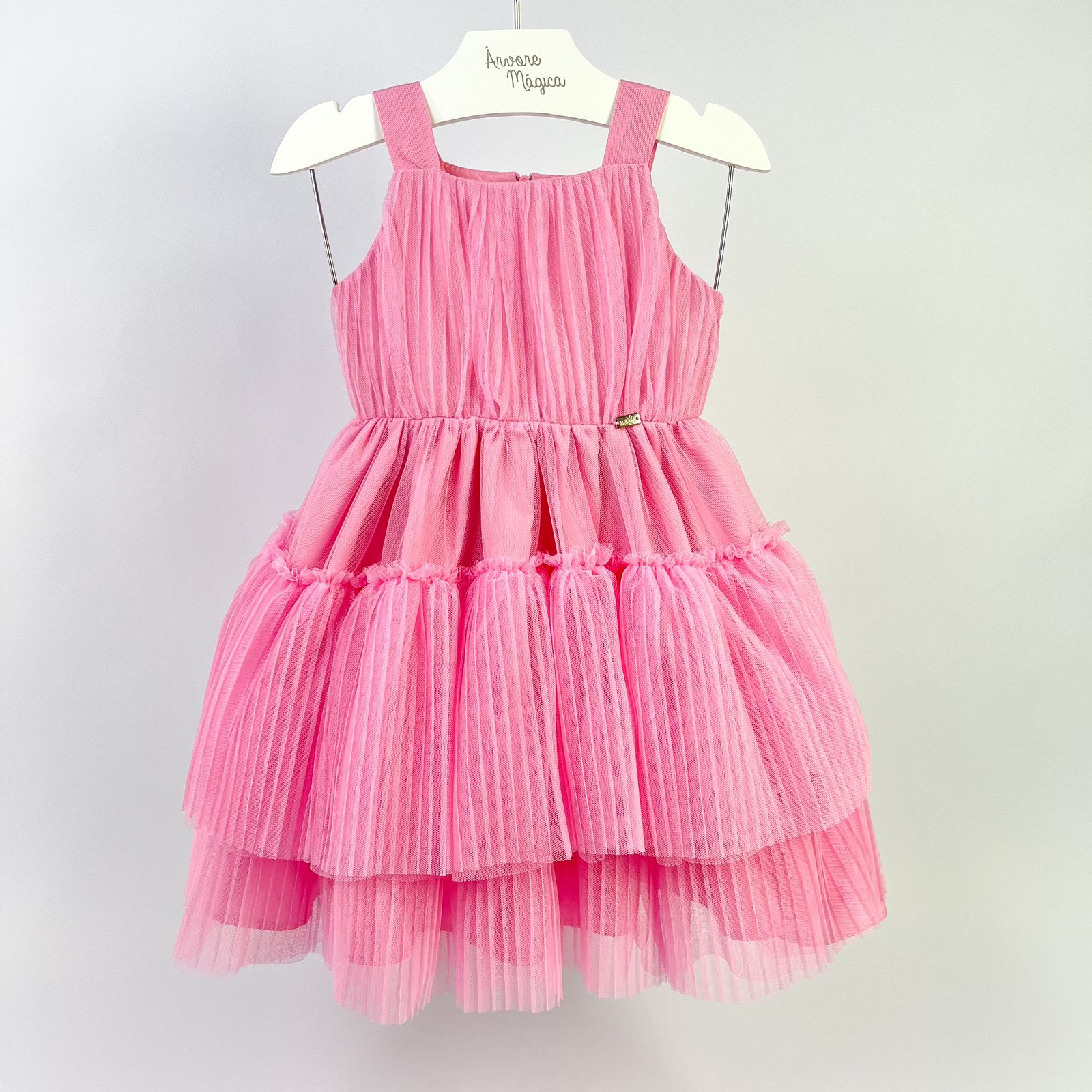 Vestido de Festa Infantil Málagah Tule Rosa Plissado