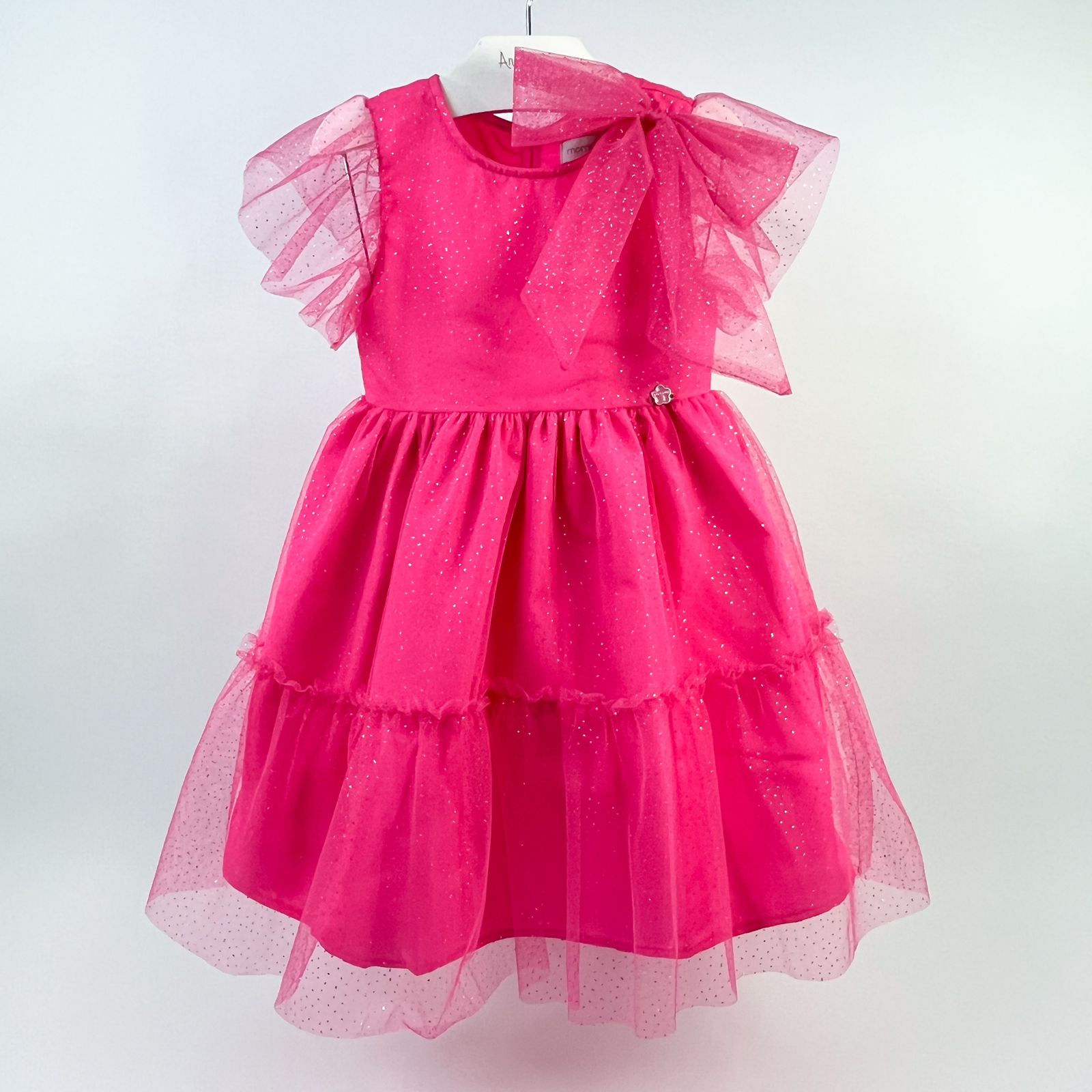 Vestido de Festa Infantil Momi Rosa Laço Tule Glitter 