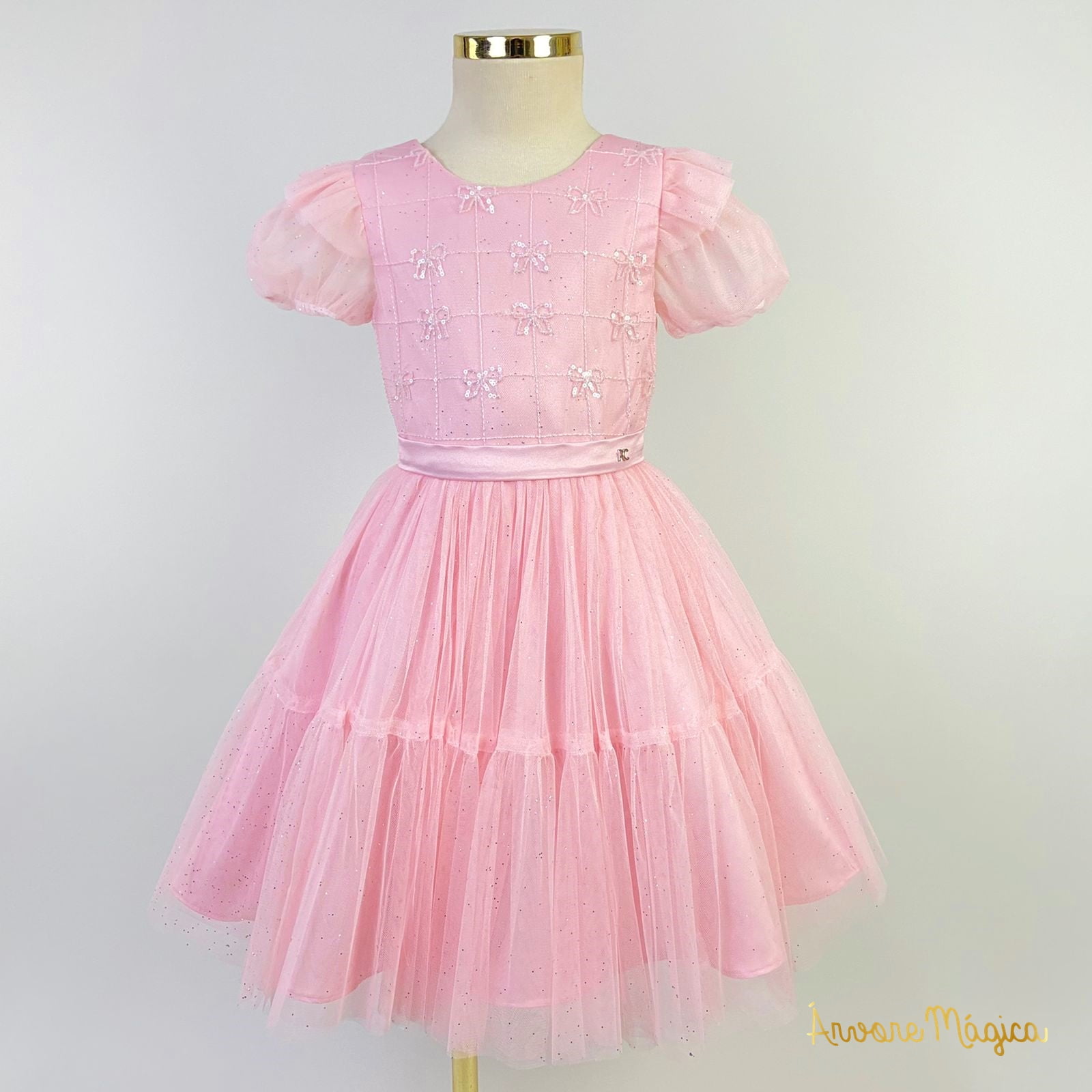 Vestido de Festa Infantil Rosa Glitter Laços Bordados Petit Cherie