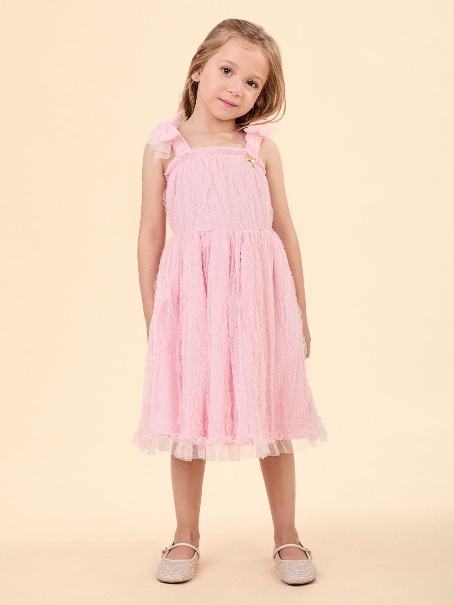 Vestido de Festa Infantil Tule Rosa Laços Animê