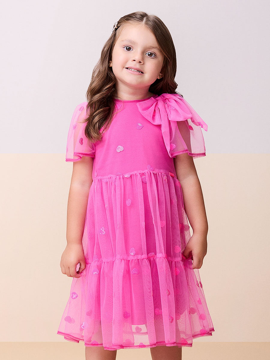 Vestido Infantil Momi Tule Corações Paetês Rosa Neon