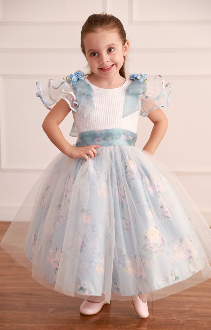 Vestido de Festa Infantil Luxo Azul Floral Romântico