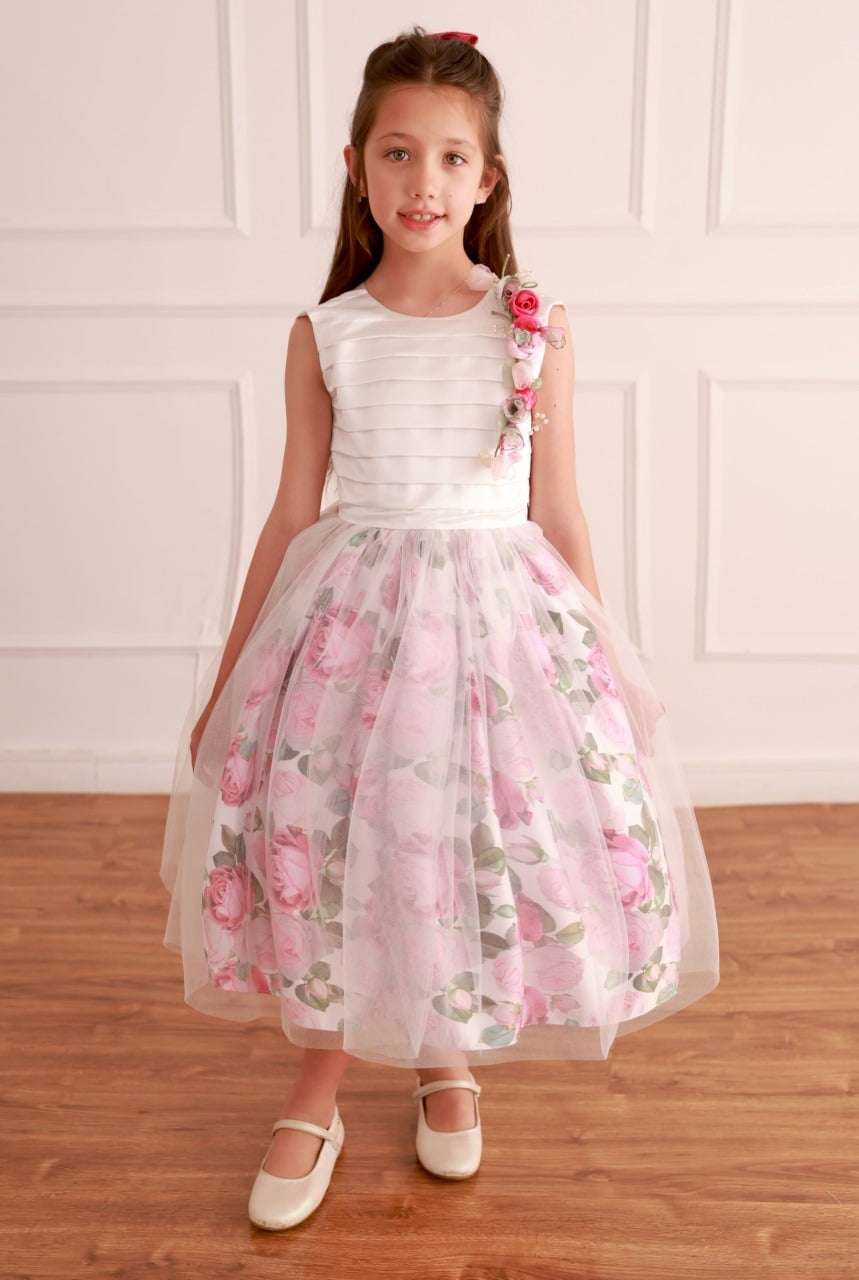 Vestido de Festa Infantil Rosas Tule Luxo