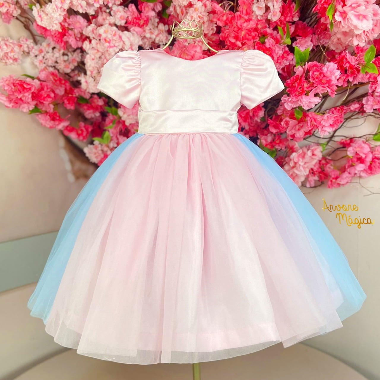 Vestido de Festa Infantil Rosa & Azul Tule Luxo