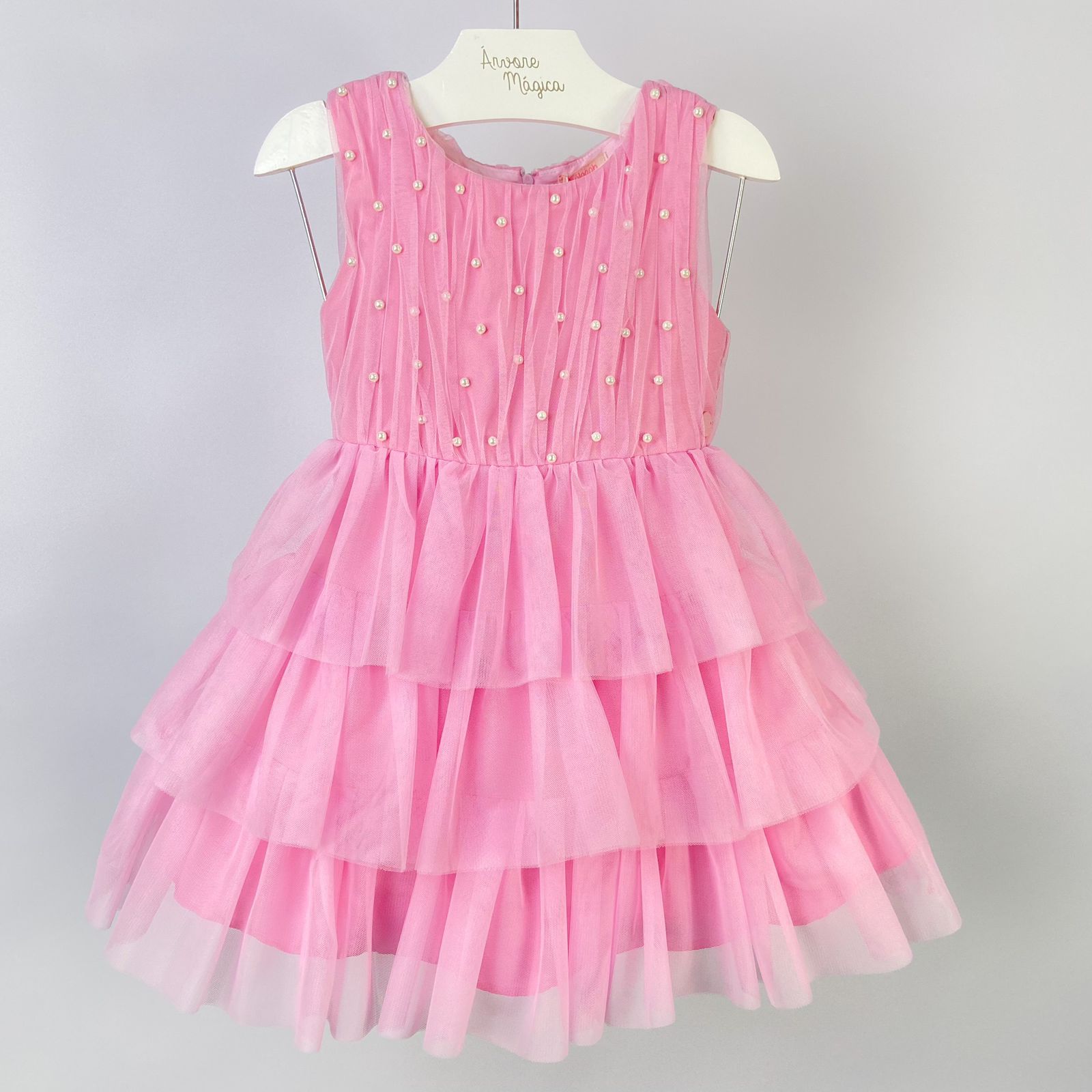 Vestido de Festa Infantil Málagah Rosa Tule Babados & Pérolas