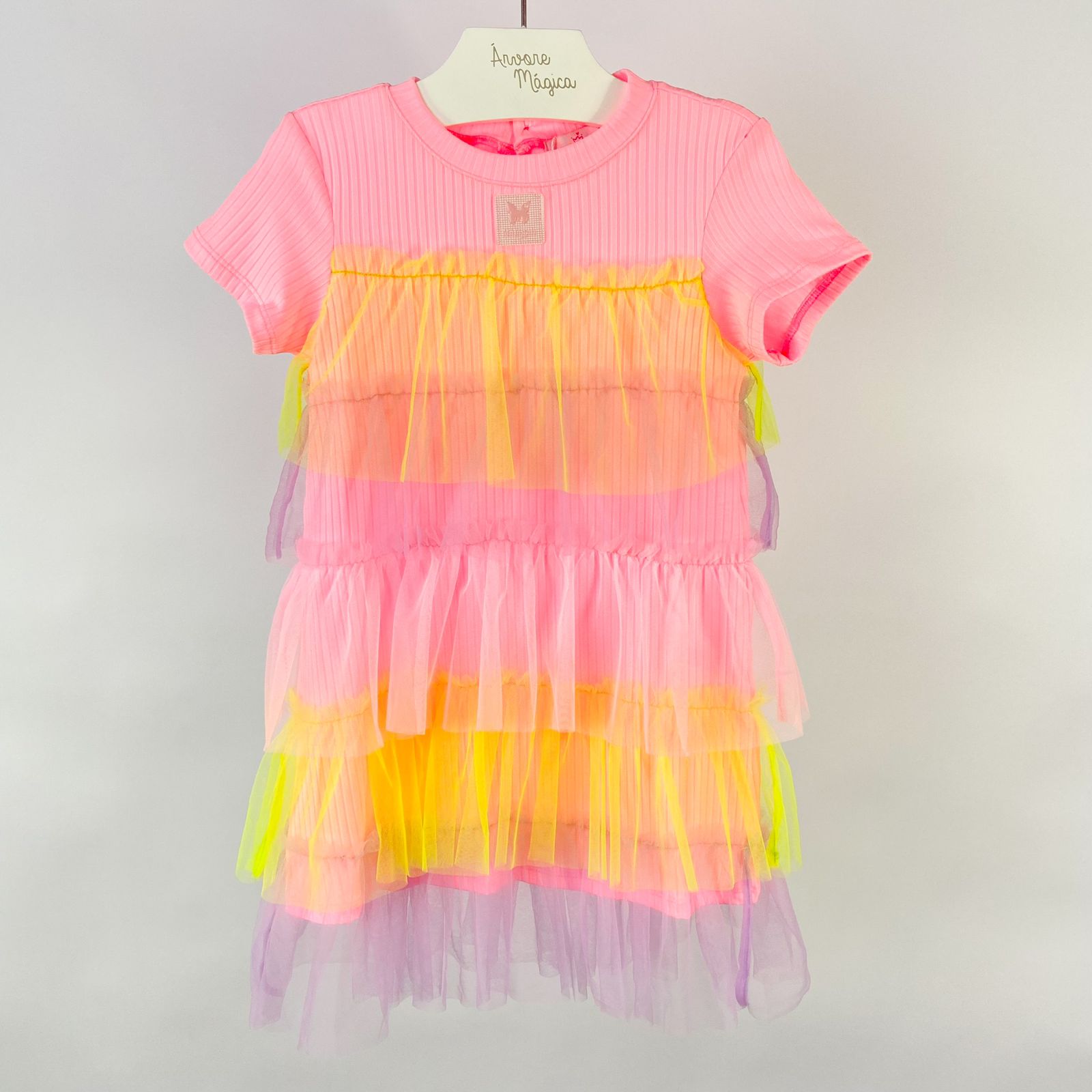 Vestido Infantil Málagah Rosa Neon e Tule Babados