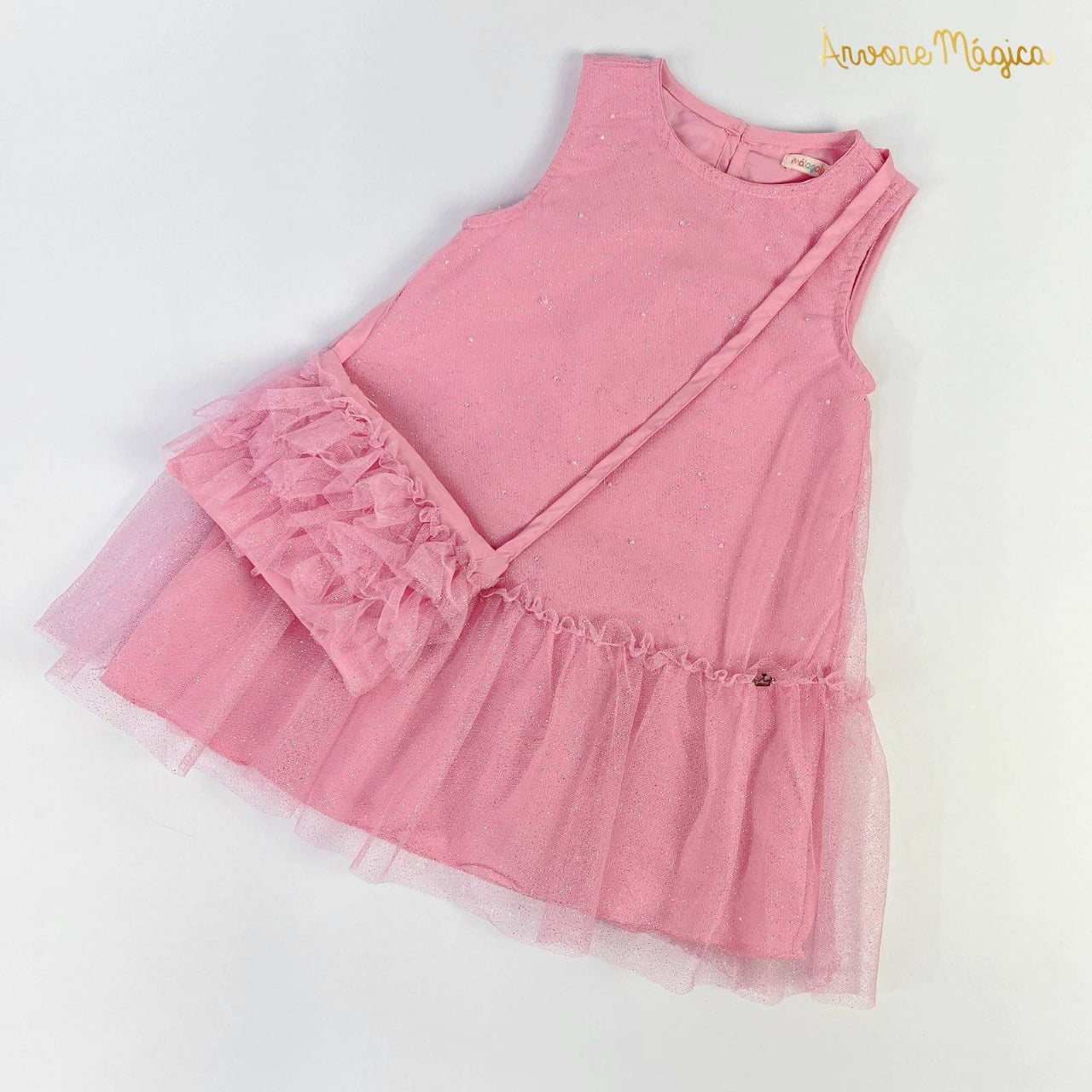 Vestido Infantil Málagah Rosa Tule Glitter Com Bolsinha