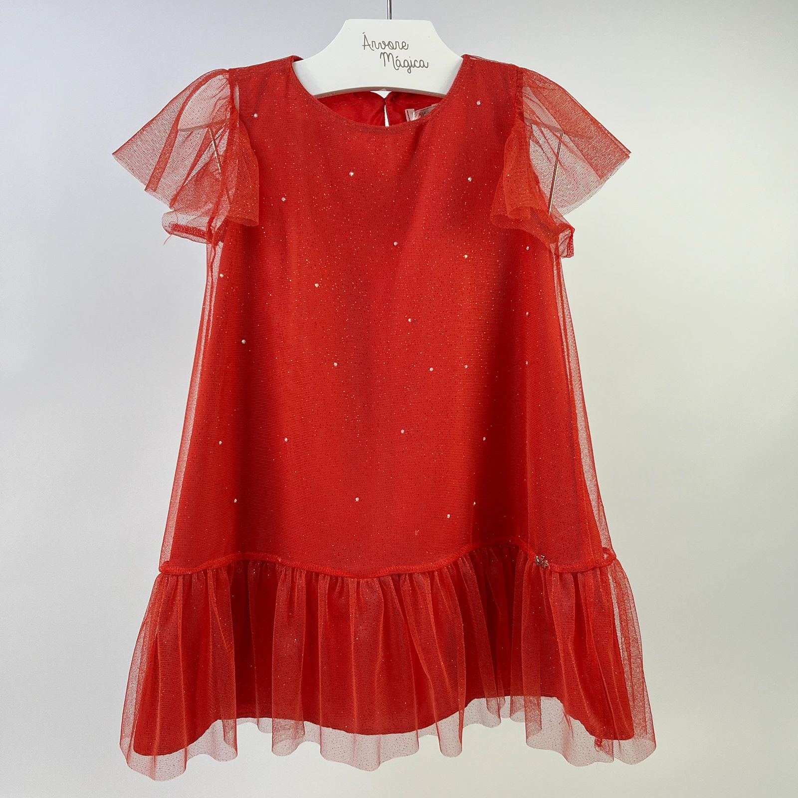 Vestido Infantil Málagah Trapézio Vermelho Tule Brilhos